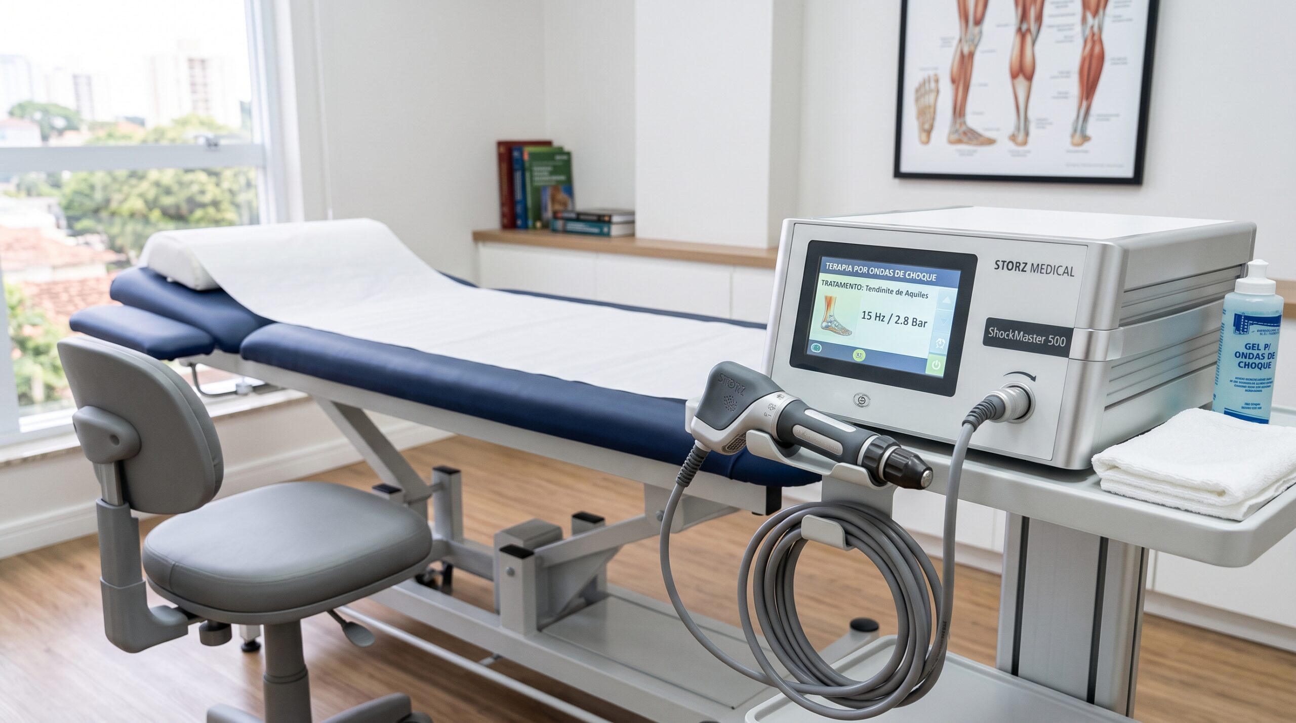 Equipamento de terapia por ondas de choque posicionado em consultório para tratamento da dor ortopédica.