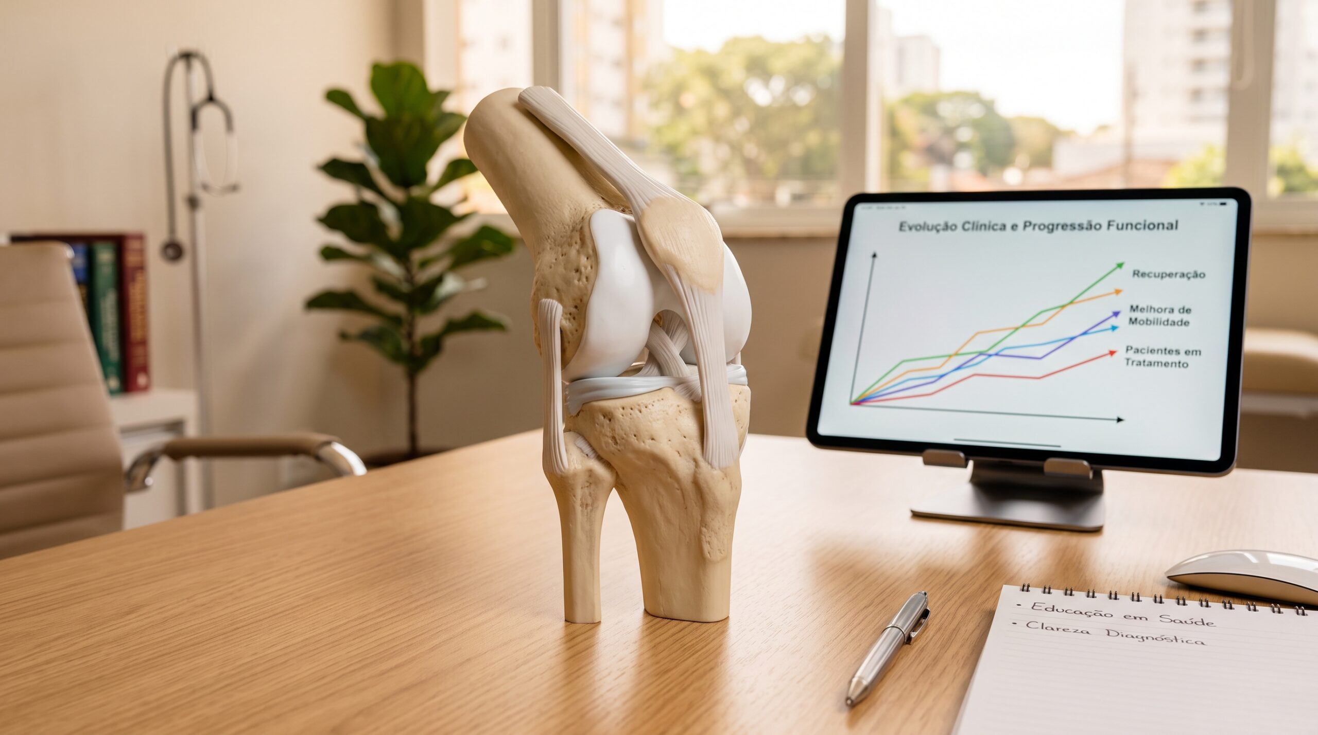 Maquete anatômica de articulação do joelho sobre mesa de consultório médico ortopédico.