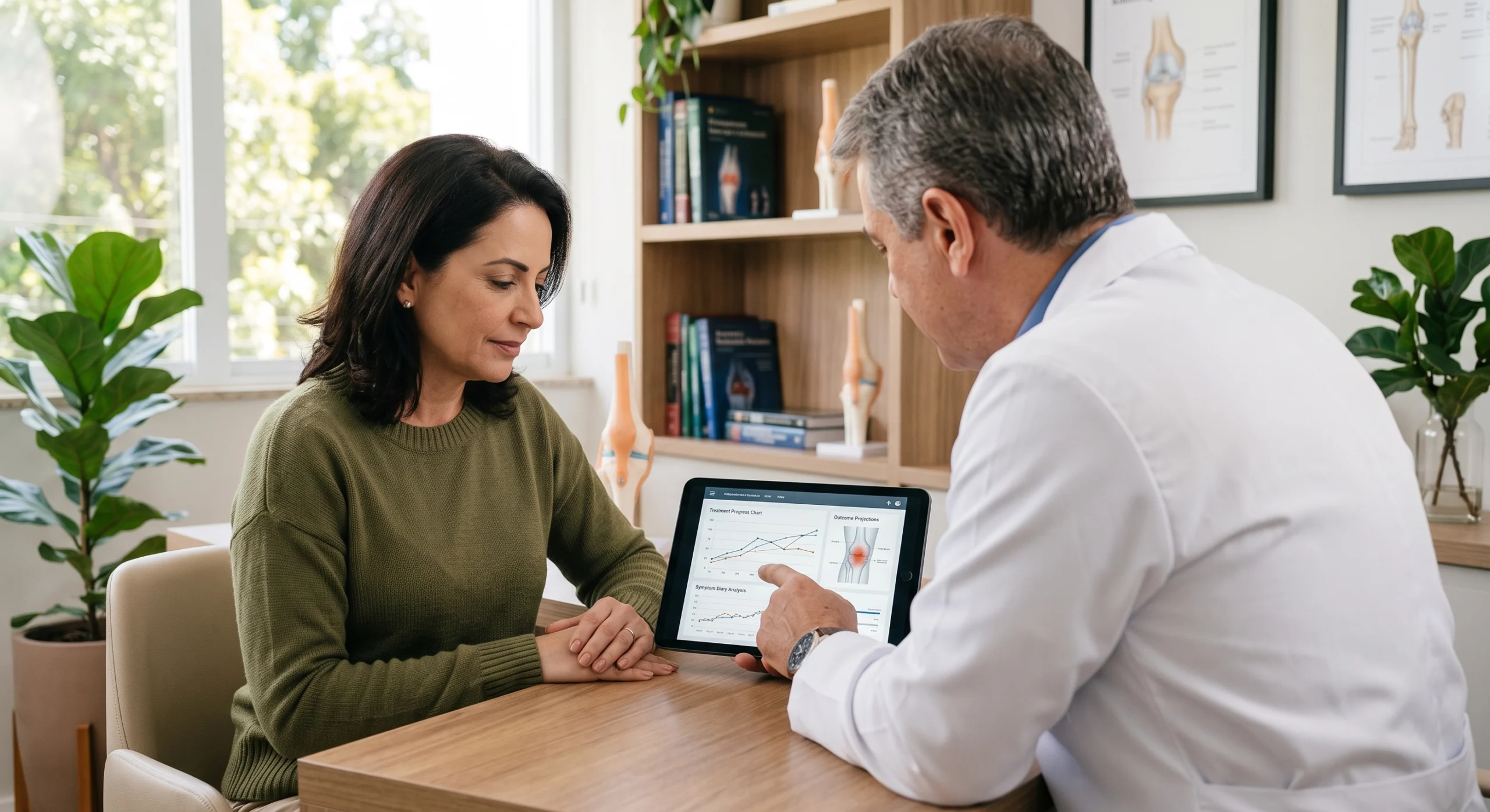 Ortopedista conversando com paciente sobre tratamentos não cirúrgicos na ortopedia para dor articular sem cirurgia.